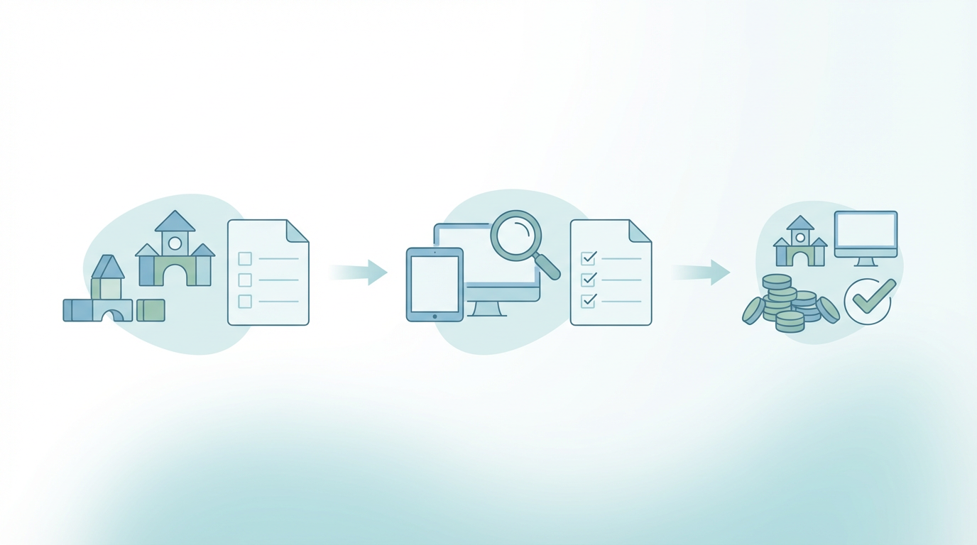 保育園ICT補助金の調べ方 を表す抽象ビジュアル
