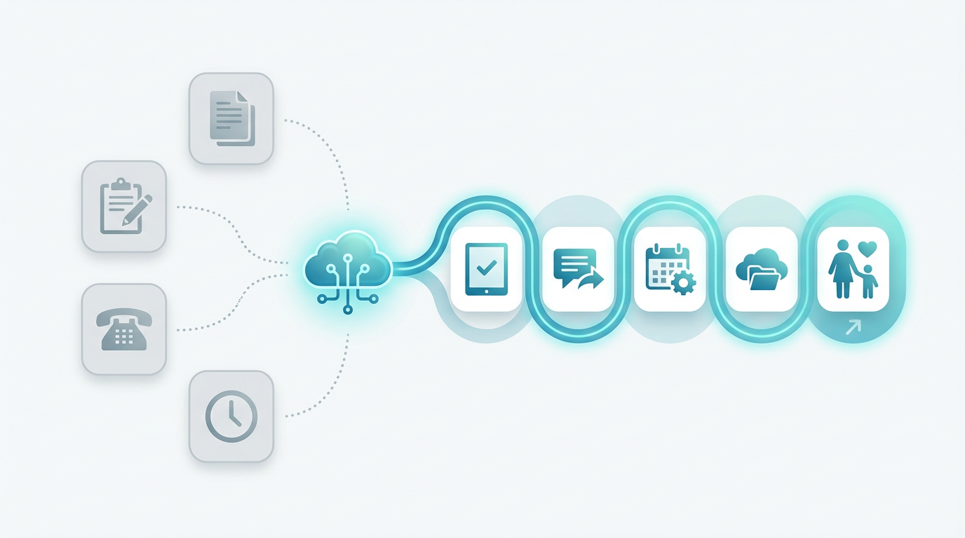 保育園がICTシステムを導入するメリット を表す抽象ビジュアル