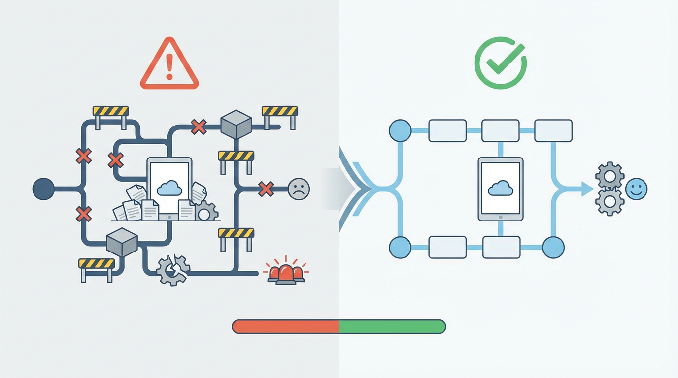 保育園ICT導入の失敗例 を表す抽象ビジュアル