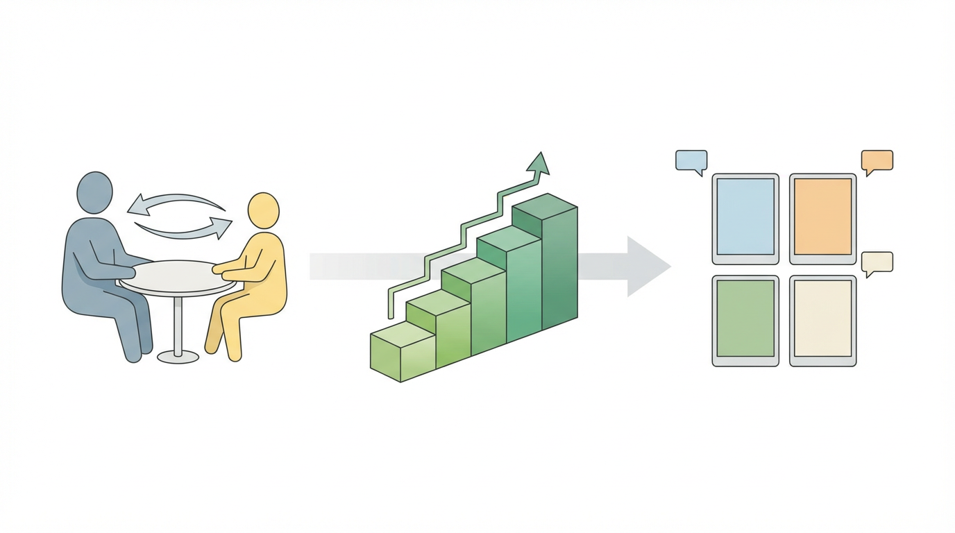 保育園の1on1ミーティング進め方 を表す抽象ビジュアル