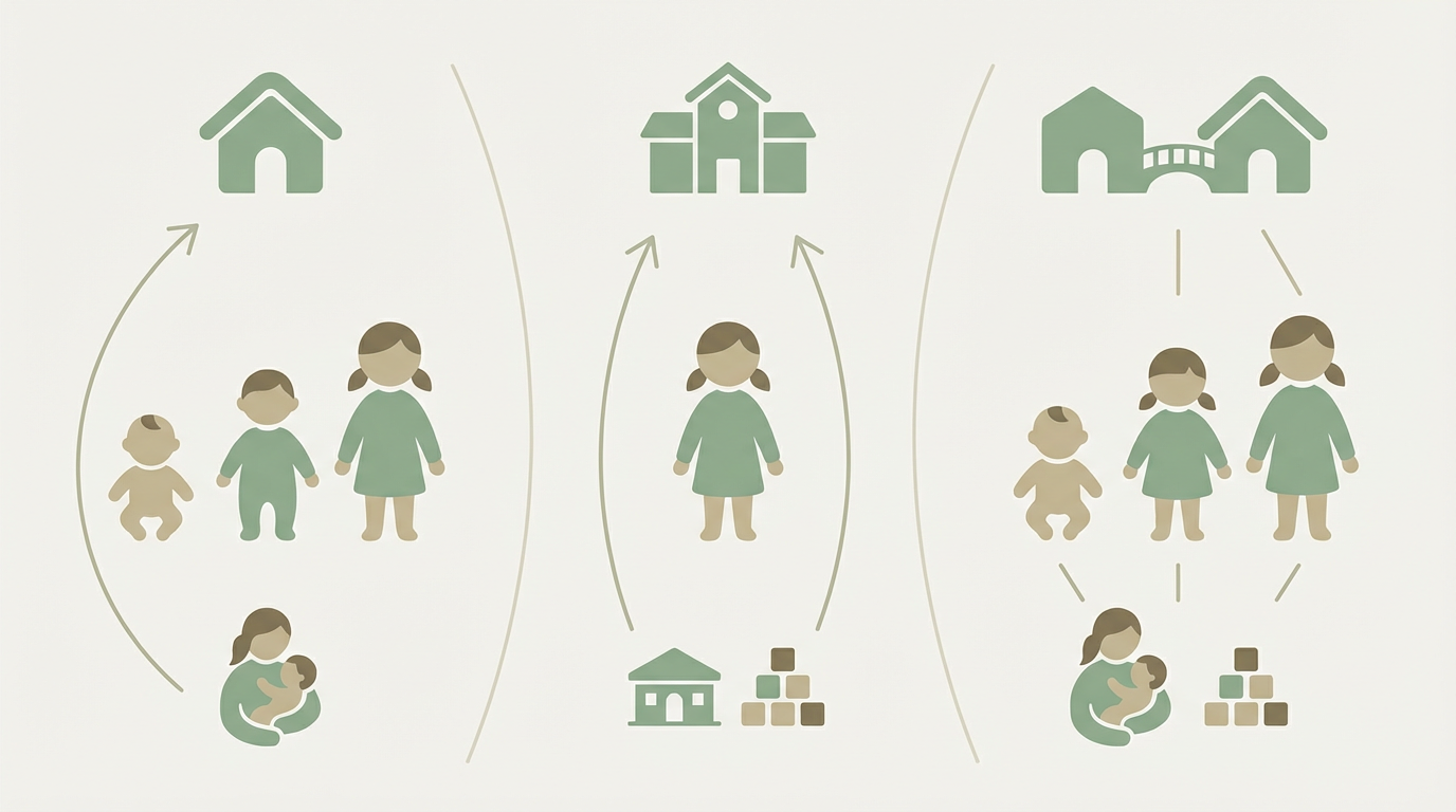 保育園と幼稚園とこども園の違い を表す抽象ビジュアル