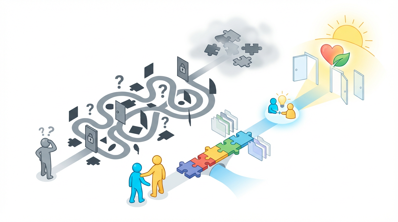 保育士の就職案内を使うメリット を表す抽象ビジュアル