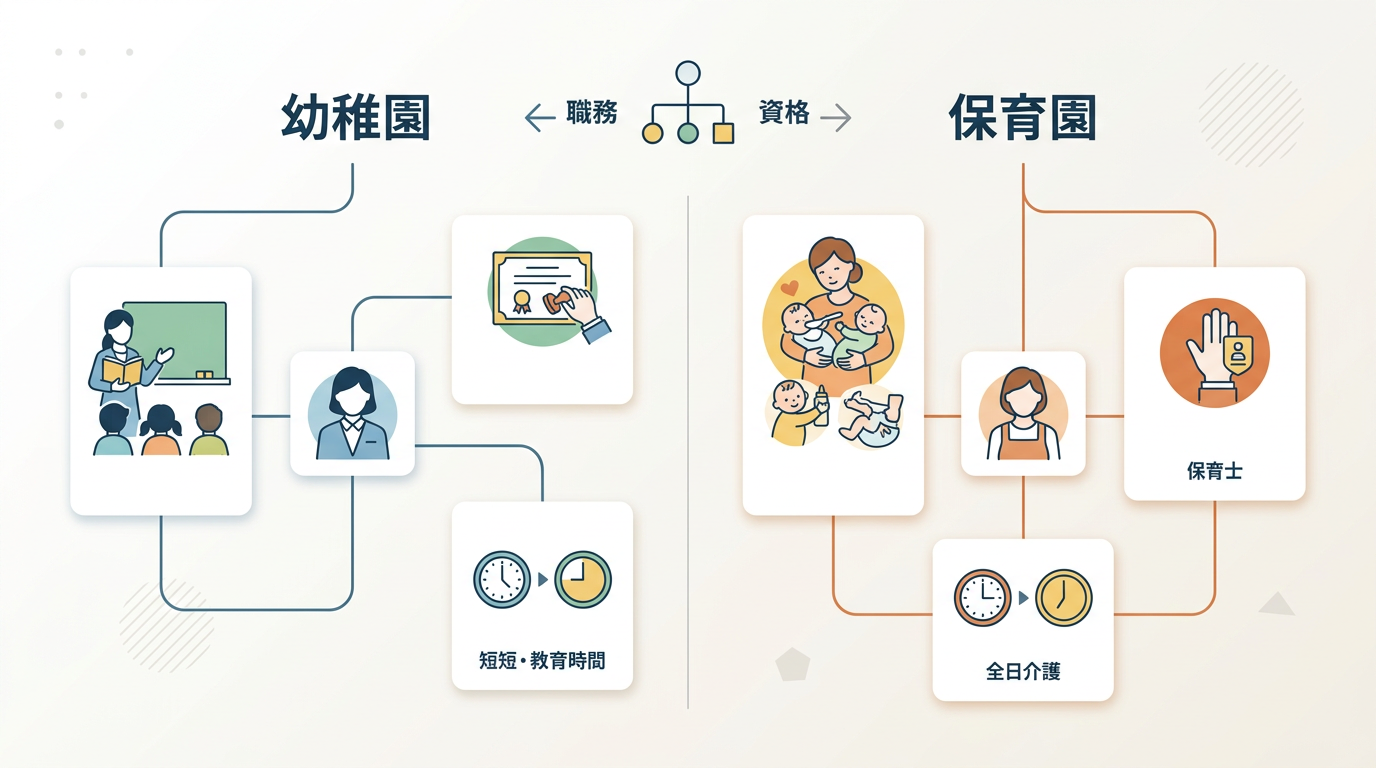 幼稚園と保育園の職種の違い を表す挿入図